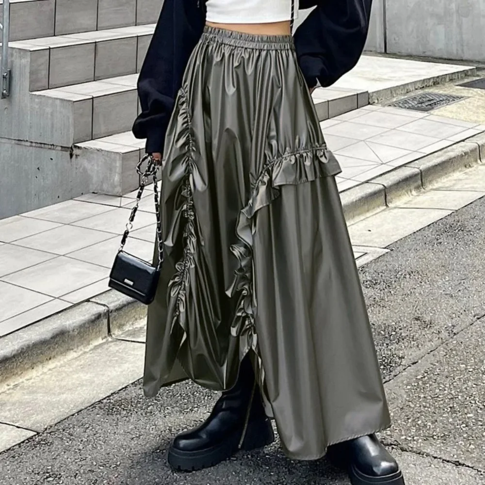 

Gray Shirring Maxi Skirts for Women Fashion High Waist Irregular A-line Skirt Autumn Winter Vintage Ruffle Y2K Skirt 2024