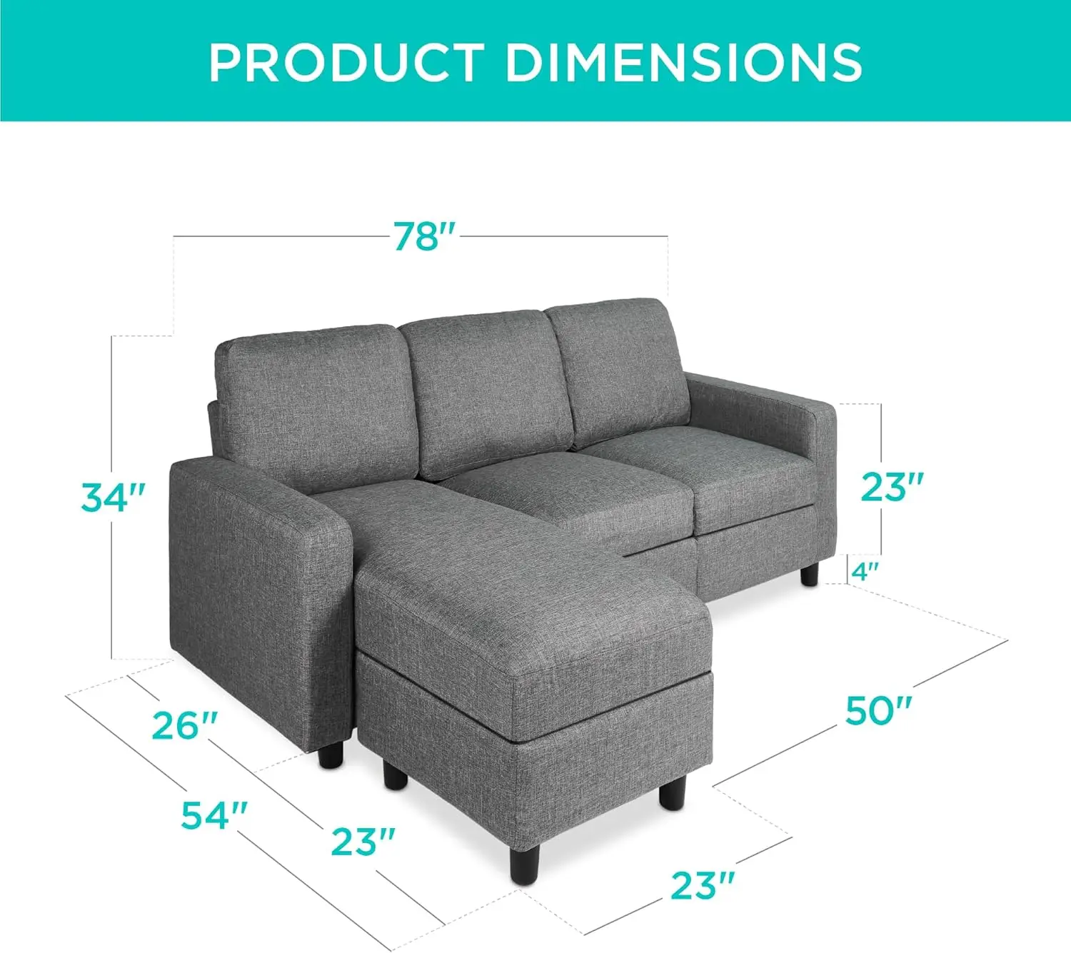 Sofá seccional tapizado para el hogar, apartamento, dormitorio, habitación de bonificación, espacios compactos con chaise lounge, 3 asientos, diseño en forma de L, invertido