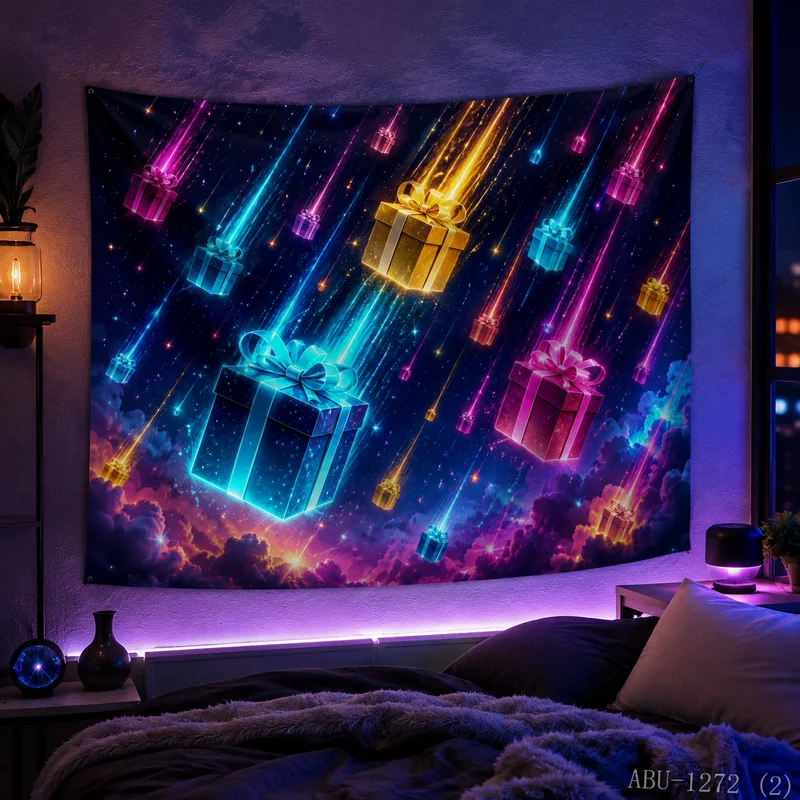 VIKAMA Neon Meteor Gift Box Falling Starry Cloud Colorful Present Night Christmas Tapestry Bedroom Living Room Dorm Home Decor