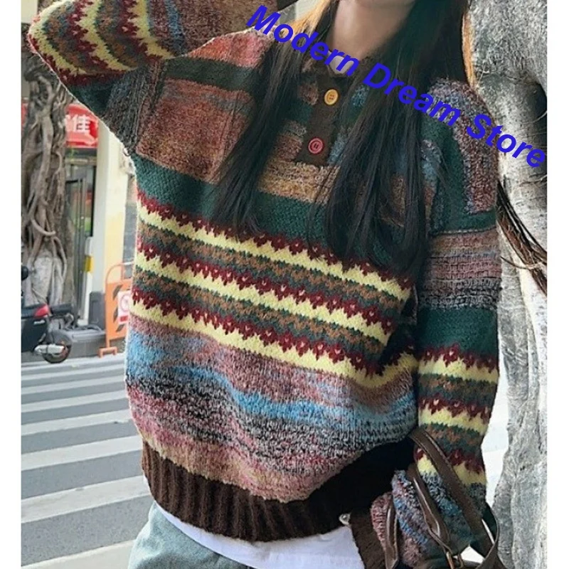 French Retro Color Contrast Lapel Pullover Women's Autumn and Winter New Fashion Lazy Wind Loose Slim Joker Wear Knitted Tops. 5