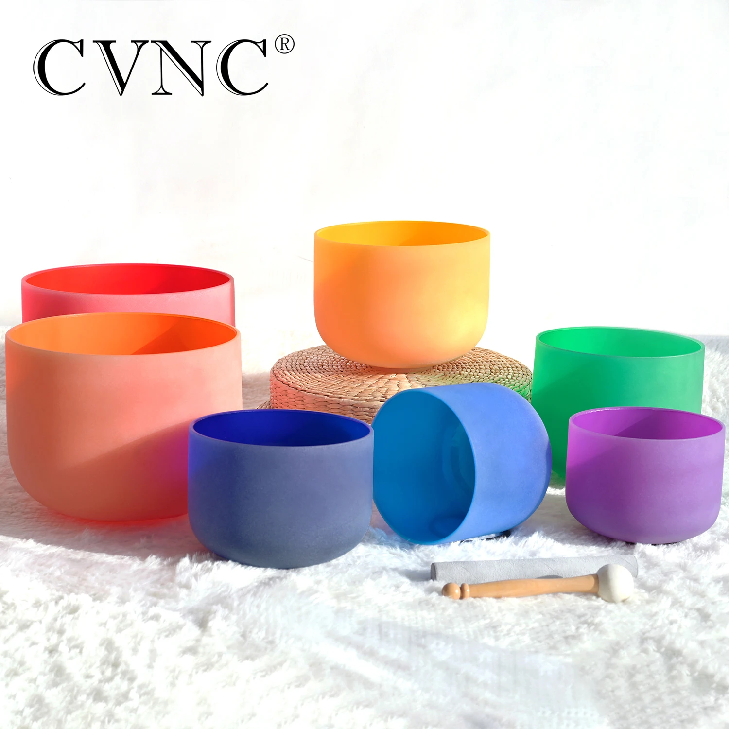 CVNC 432HZ 6-12 Inch Colored Frosted Quartz Crystal Singing Bowls Set of 7pcs for Sound Healing with Carry Bags