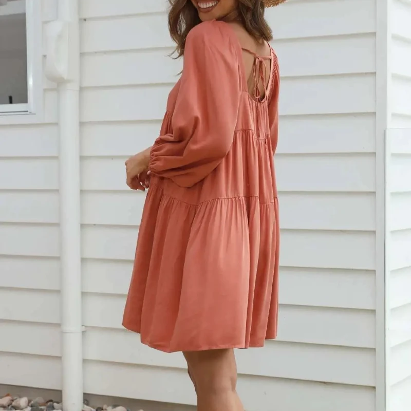 Women Square Neck Bubble Sleeve Mini Dress Summer Boho Loose Fit Solid Color Backless Short Dresses Holiday Beach Dresses
