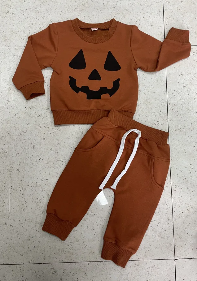 0-3Years Toddler Boys Fall Outfits Pumpkin Face Print Sweatshirts Long Pants 2Pcs Halloween Clothes Set