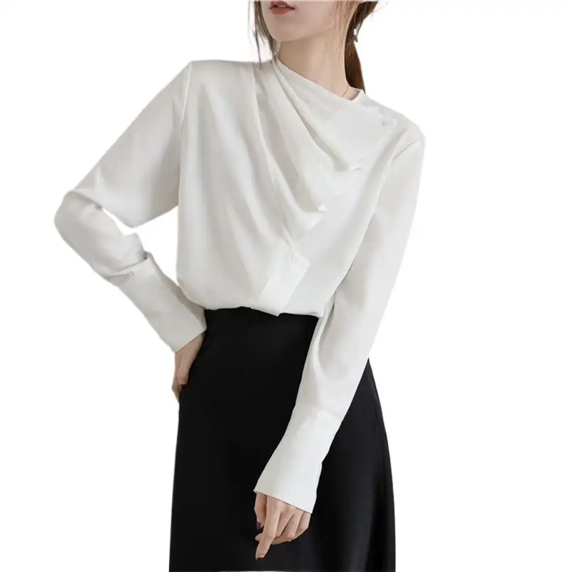 

Womens Elegant Folds Asymmetric Collar Long Sleeve Tops and Blouses Autumn Satin Pullovers Clothes for Women blusas y camisas