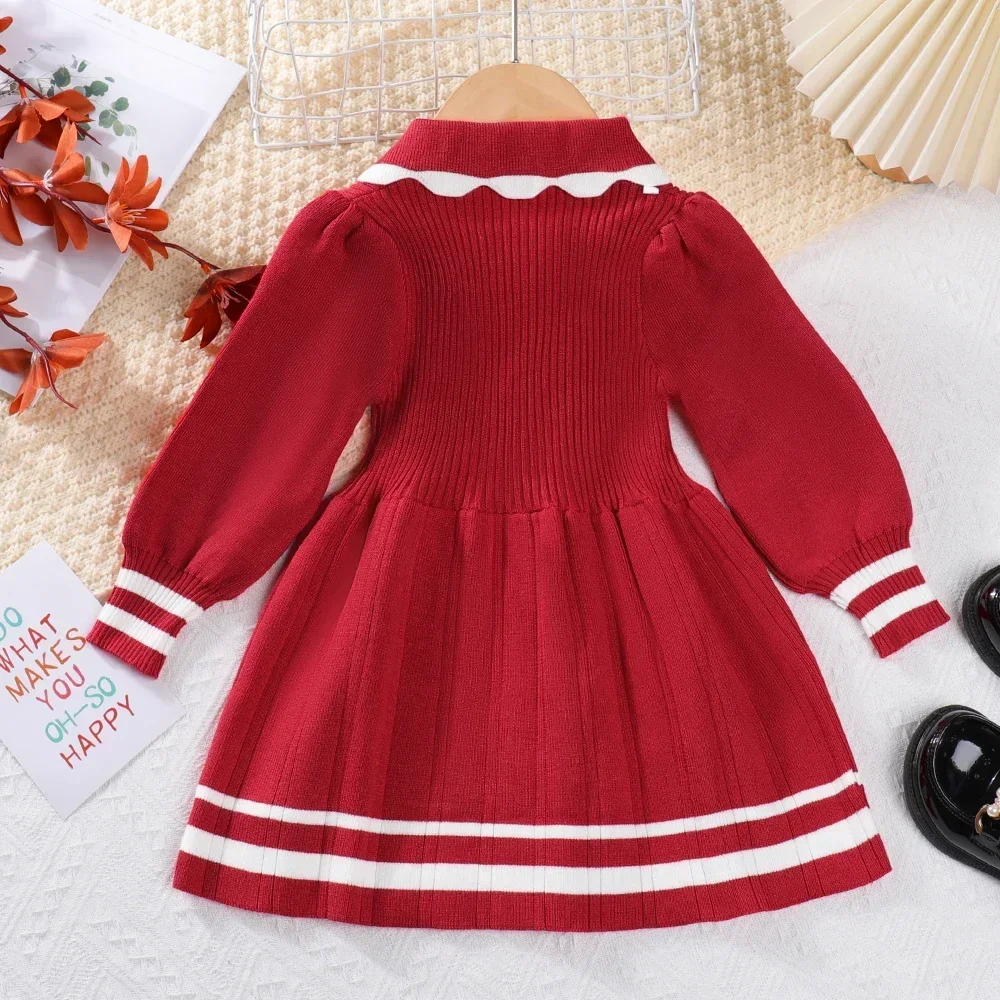 Girls Clothes Winter Sweater Dress Butterfly Decal Pearl Button Folding Knit Dresses Christmas Red Children's Clothing