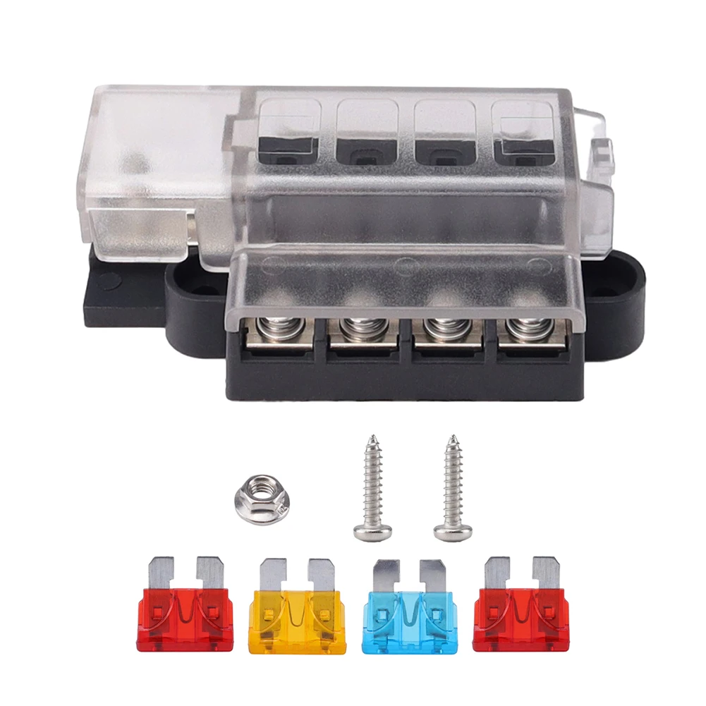 Car 4-Way Blade Fuse Box With Protection Cover 100A 32V 1 In 4 Out Standard Circuit Fuse Holder Screw Terminals For Auto Truck