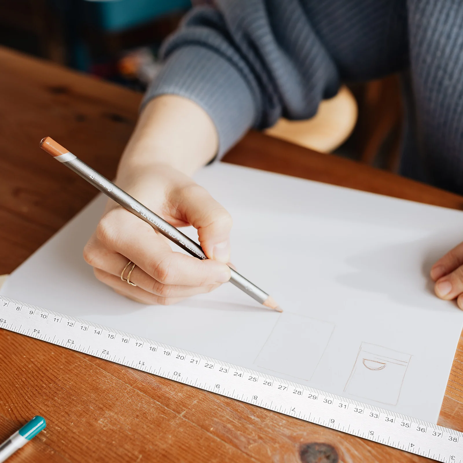 2Pcs Cork Back Ruler Professional Stainless Steel Straight Measuring Tool Engineering Drawing Design Precision Carpenter Scale