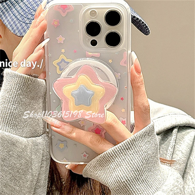 귀여운 한국 만화 3D 별 자석 홀더 폰 그립톡 그립톡 스탠드 아이폰 16용 맥세이프 액세서리 스마트톡
