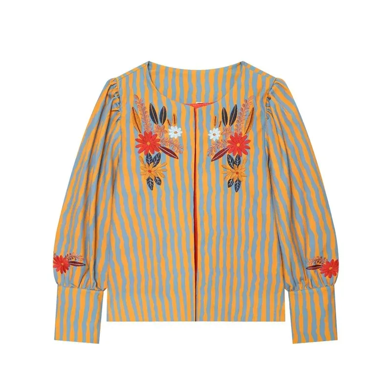 2026 Autumn New Women S Jacket Classic Commuter Style Round Neck Stripe Floral Embroidery Puff Sleeve Fashion Outerwear