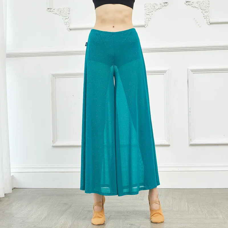 Pantalones de baile clásico para mujer, pantalón holgado de pierna ancha, malla de cristal plateado, Ropa de baile, Rima corporal