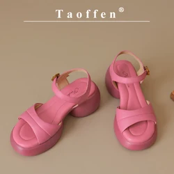 Taoffen Fashion Modern Sandals For Women New One Word Belt Thick Sole Sandals Summer Beach Shoe Holiday Buckle Strap Lady Shoes