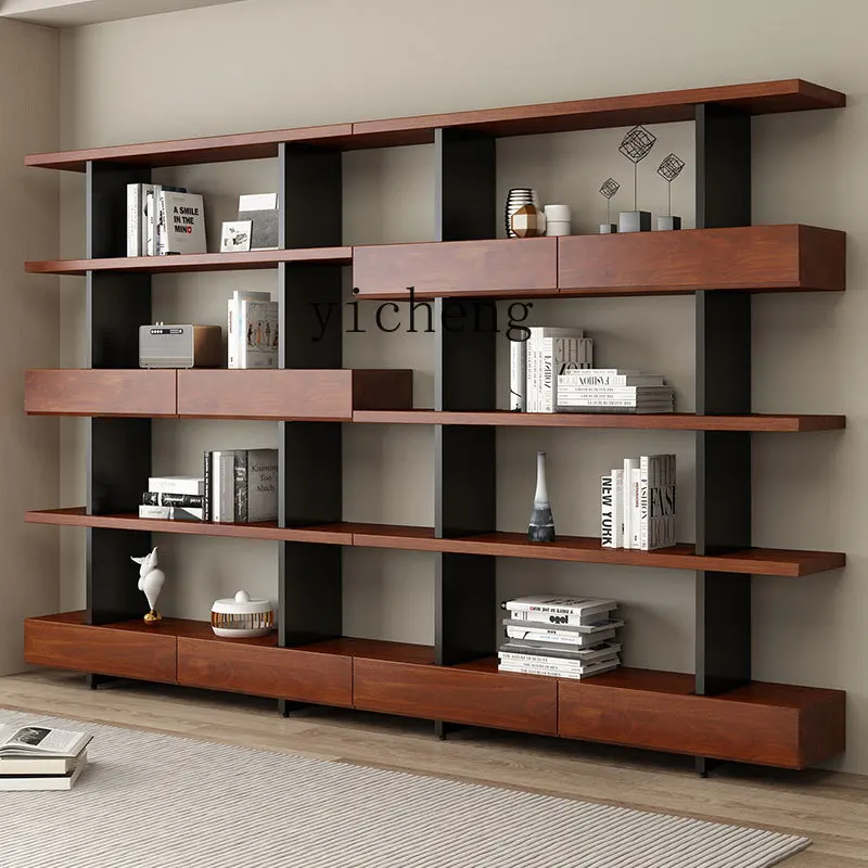 

XL solid wood bookshelf bookcase integrated whole wall floor shelf wrought iron storage cabinet