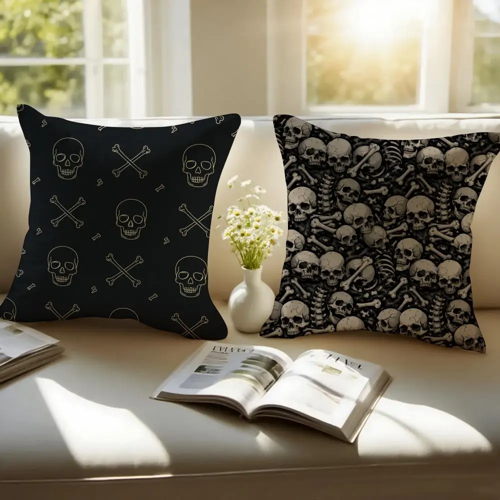 Halloween Skull & Bones Pattern Cushion Cover Pillowcase Anti-dustmite Invisible Zipper Short Plush Sofa Cushion