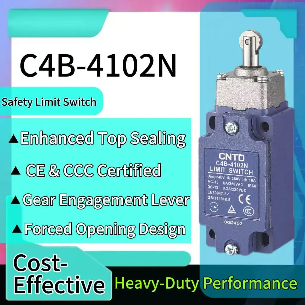 

CNTD C4B-4102N Industrial Limit Switch Top Plunger Ball Type Horizontal 1NC/1NO Snap Action IP66 6A 250V TUV CE CCC Certified