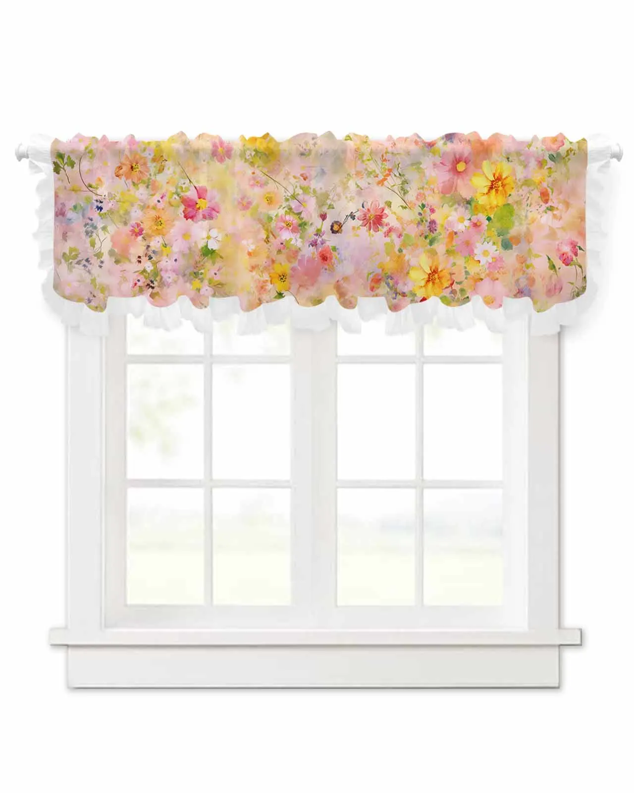 Spring Flowers Oil Painting Abstract Short Tulle Half Curtains for Living Room Kitchen Door Cafe Window Sheer Valance Drapes