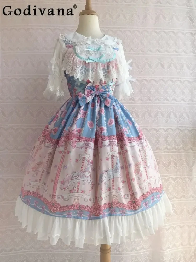 

XS-3XL Summer New Lolita Japanese Chiffon Suspender Dress Women's Elegant Sweet Bow Square Neck Printed Lace Princess Dresses
