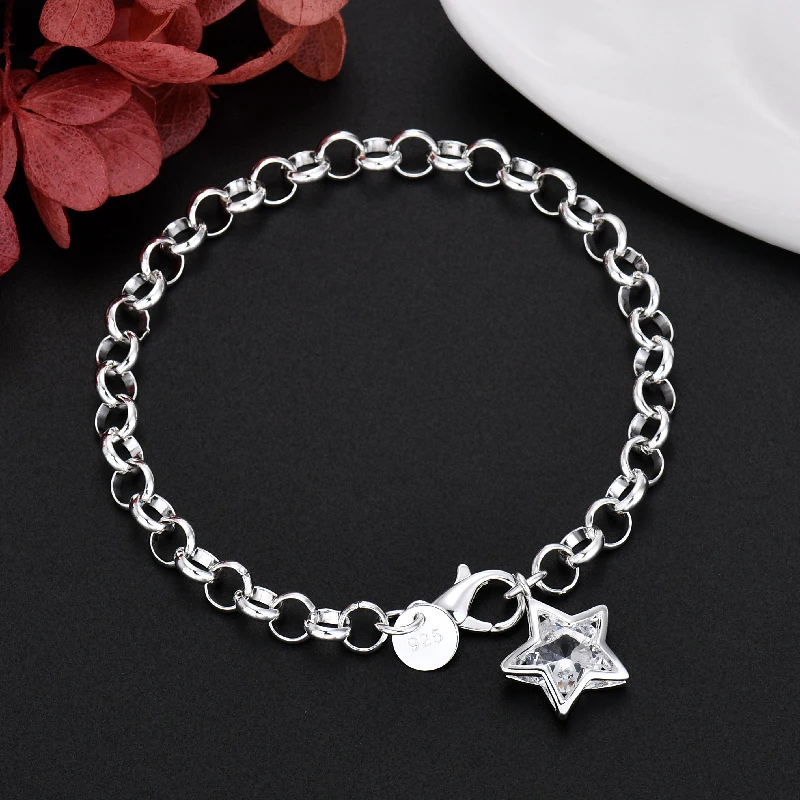 

Fine 925 Sterling Silver Bracelet Crystal star chain For Women luxury fashion party Wedding Jewelry lovers gift charms