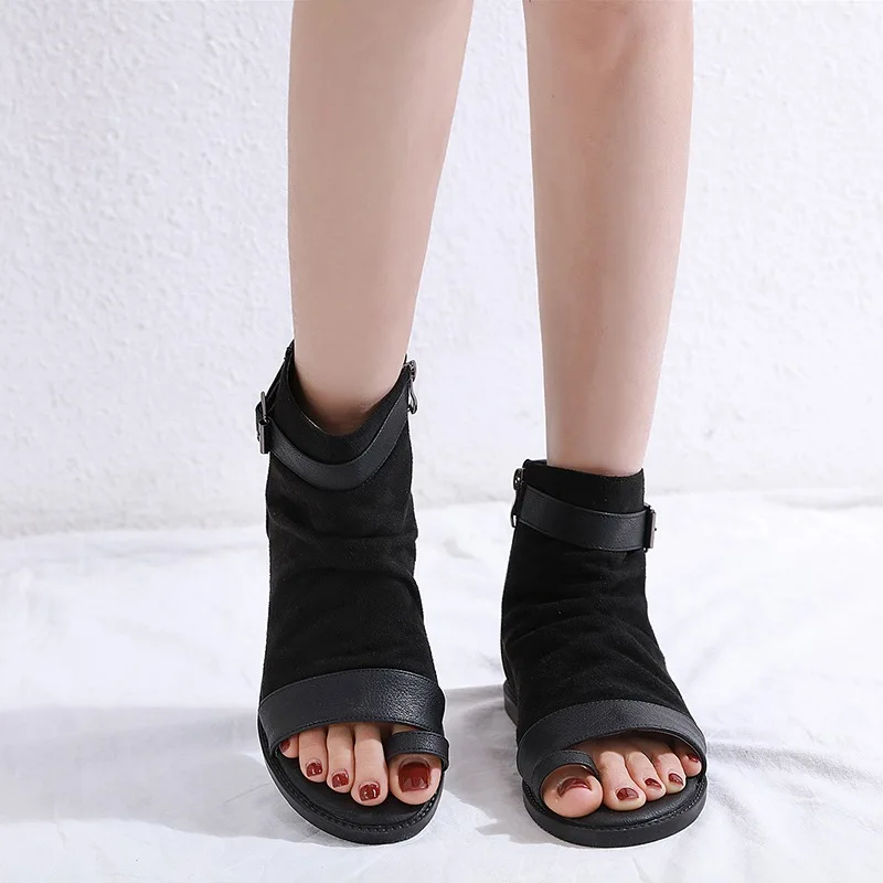 New Women\'s Buckle Strap Low-Heeled Roman Sandals Comfortable and Casual Flat High-Top Sandal with Open Toes Shoes