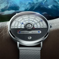 2023 New Fashion Creative Watch Men Casual Sport Watches Unique Turntable Silver Mesh Band Quartz Wristwatches Men Montre Homme