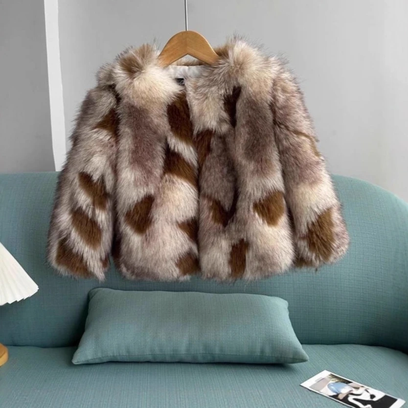 

Children Faux Fox Fur Coats Spliced Fur Jackets Round Neck Long Sleeves Coverd Button Thick Warm Fur Loose 2025 Autumn Winter