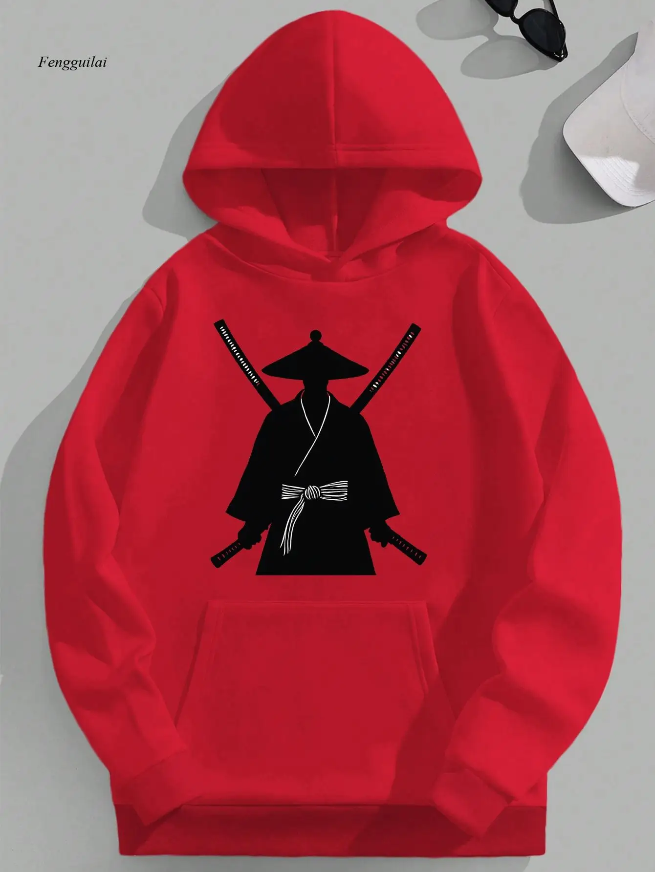 Felpa con cappuccio - Samurai minimalista con stampa grafica Katanas incrociata, pullover casual dalla vestibilità rilassata rosso vibrante