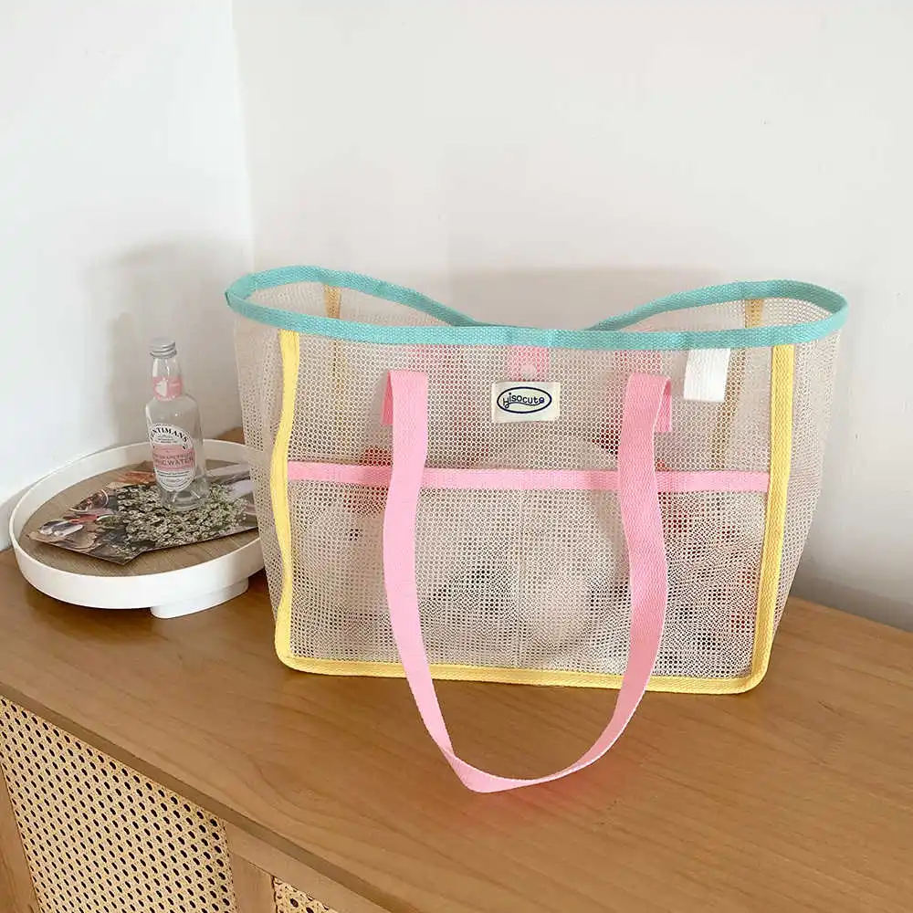 

Women Fashion Vacation Beach Bag Large Capacity Mesh Fitness Bath Storage Shoulder Bag Simple Lightweight Soft Shopping Tote Bag