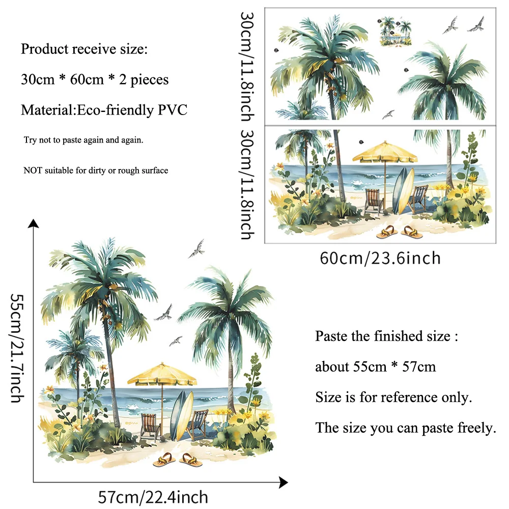 Colored Summer Beach Coconut Trees Wall Stickers Living Room Background Decor Decals Bedroom Home Decoration Self-adhesive Mural