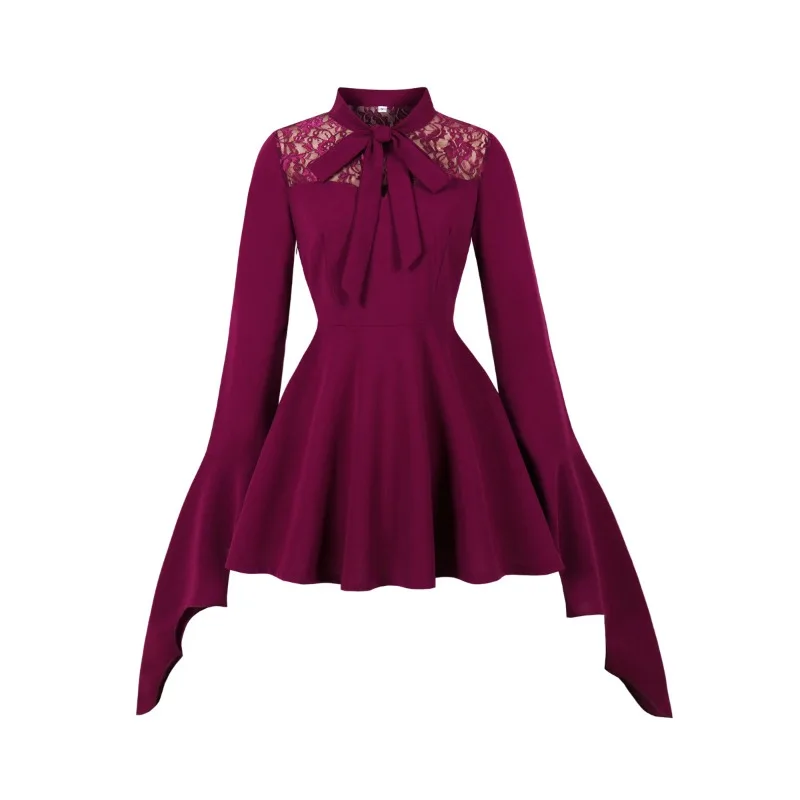 เดรสสั้นสไตล์วินเทจแบบผูกคอ แขนยาว แต่งลูกไม้ สำหรับงานปาร์ตี้ฮาโลวีน งานวันเกิด งานพรอม  รุ่นใหม่ปี 2025 แบบเฮปเบิร์น