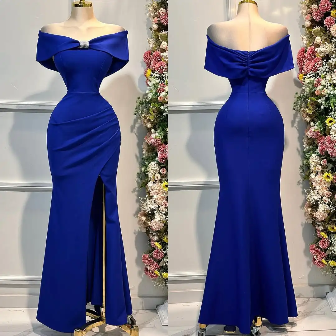 Vestido de fiesta azul Klein con hombros descubiertos, vestido de fiesta de boda elegante de sirena 2025, vestidos formales plisados para invitados personalizados