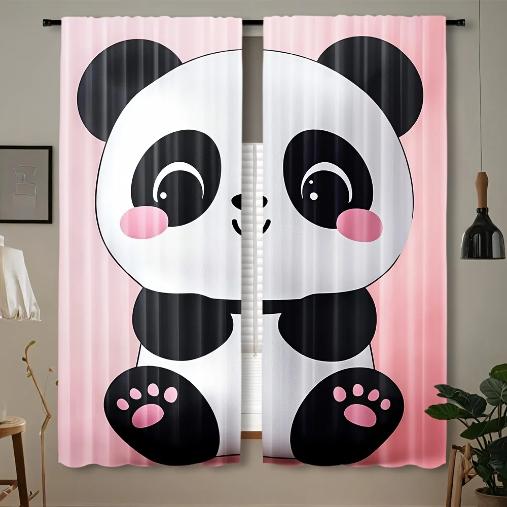 Pink Cartoon Panda Window Curtains 2 Panels, Smiling Giant Panda Pink Blush Paw Simple Sweet Print for Toddler Room Curtain