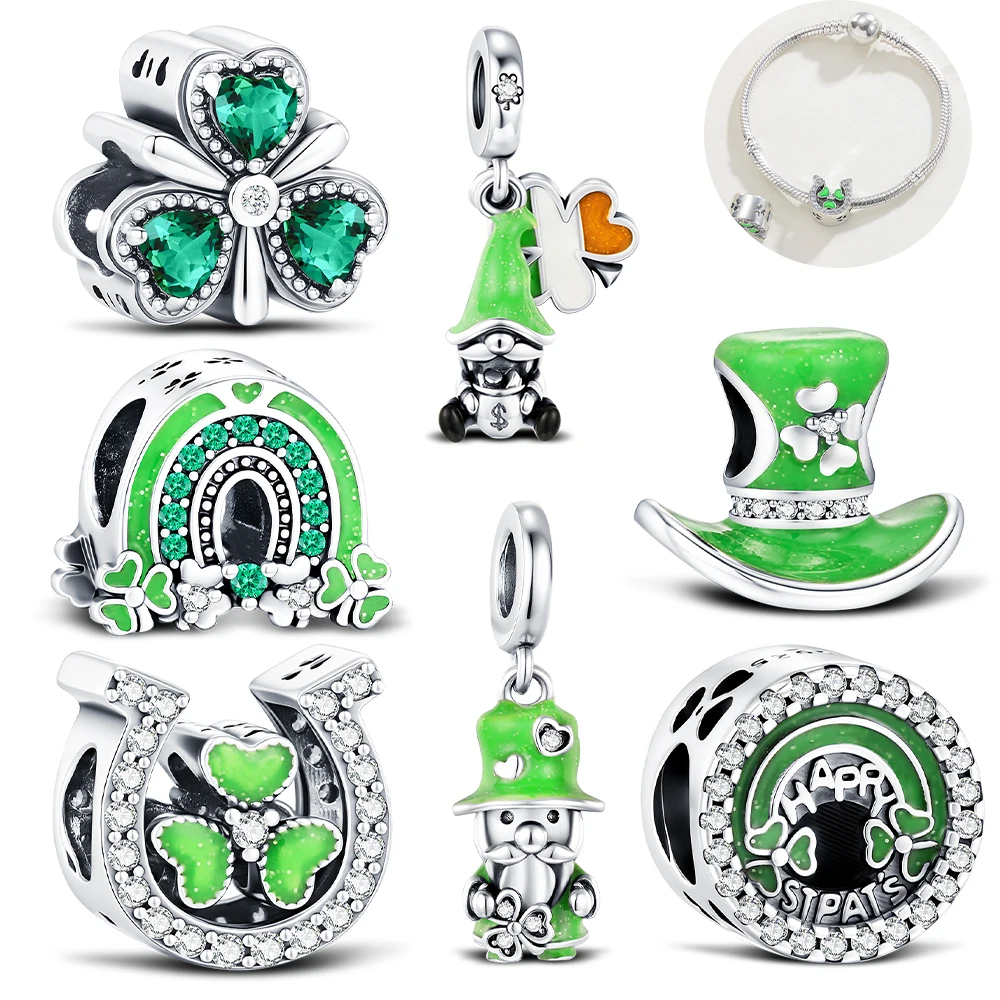 Lucky 925 Sterling Silver Charms Green Clover Rainbow Horse Hoof Bead Fit Pendant Original Bracelets Necklaces DIY Jewelry Gifts