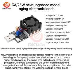 DC 3.7-20V 25W 3A Tester obciążenia obciążenie rezystor testowy moduł Usb/typ C interfejs regulowany prąd stały z wentylatorem