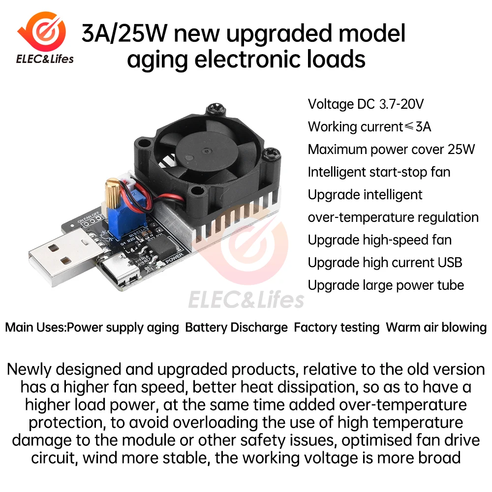 DC 3.7-20V 25W 3A Load Tester Electronic Load Test Resistor Module Usb/Type C Interface Adjustable Constant Current With Fan