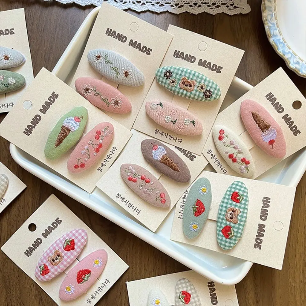 2Pcs/set Fabric Embroidery Hair Clip Cute Oval Floral Embroidered Hairpin Set Sweet Daisy Children's Hair Accessories Daily Use