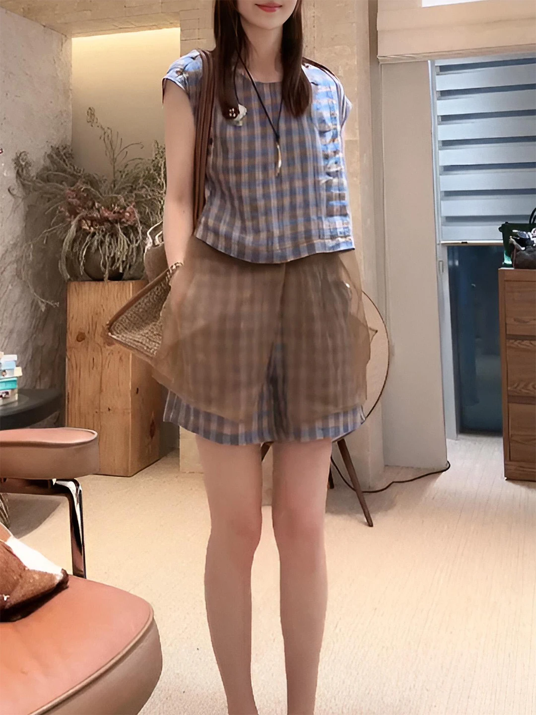 

Summer Women's Design Sensation Set round Neck Fake Two-Piece Striped Color Block Mesh Top Wide Leg Shorts Two-Piece Set