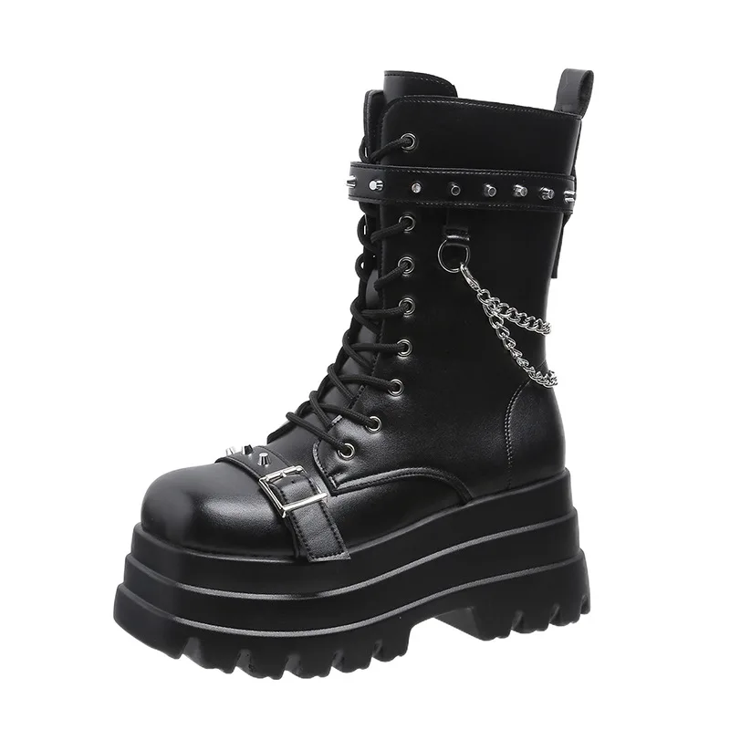 Platform Thick Gothic Boots Lady Buckle Autumn Shoes Women Wedges Knee High Boots Punk Street Cosplay Botas Motorcycle Chain