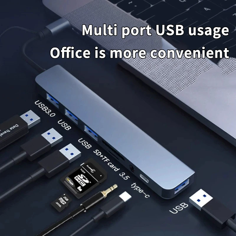 【C】8 In 1 USB Type C Hub Docking Station 3.5mm Audio Jack Adapter Micro TF  Card Reader For  Laptops Tablets Phones