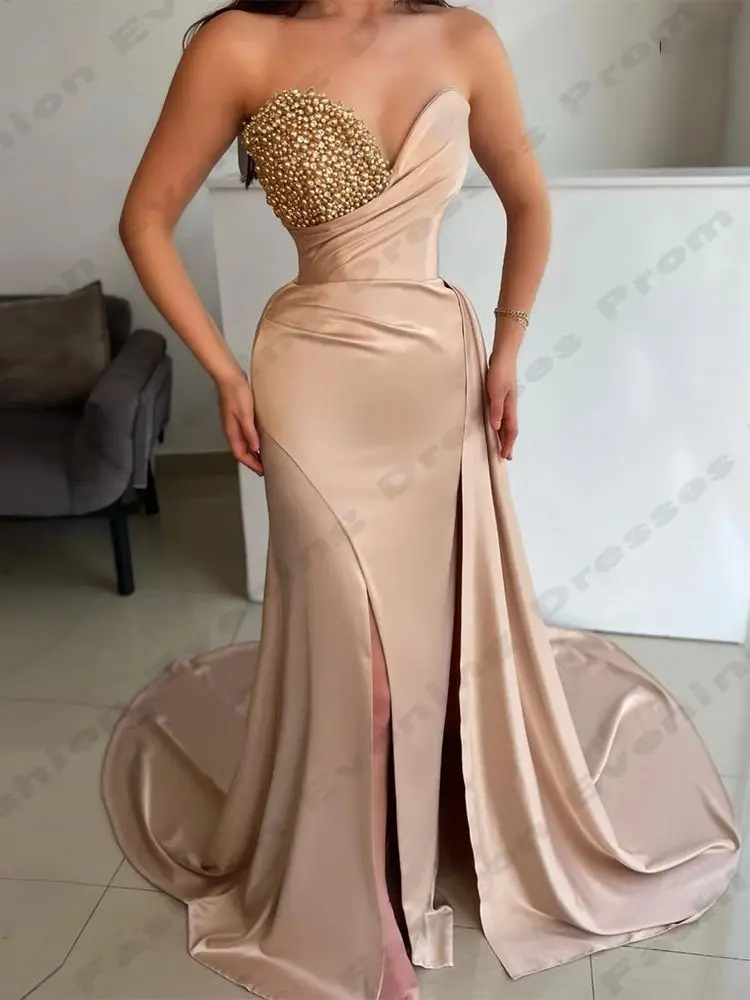 Elegant Gorgeous Satin Evening Dresses For Women Romantic Beading Sexy Off Shoulder Sleeveless Party Female Mopping Prom Gowns