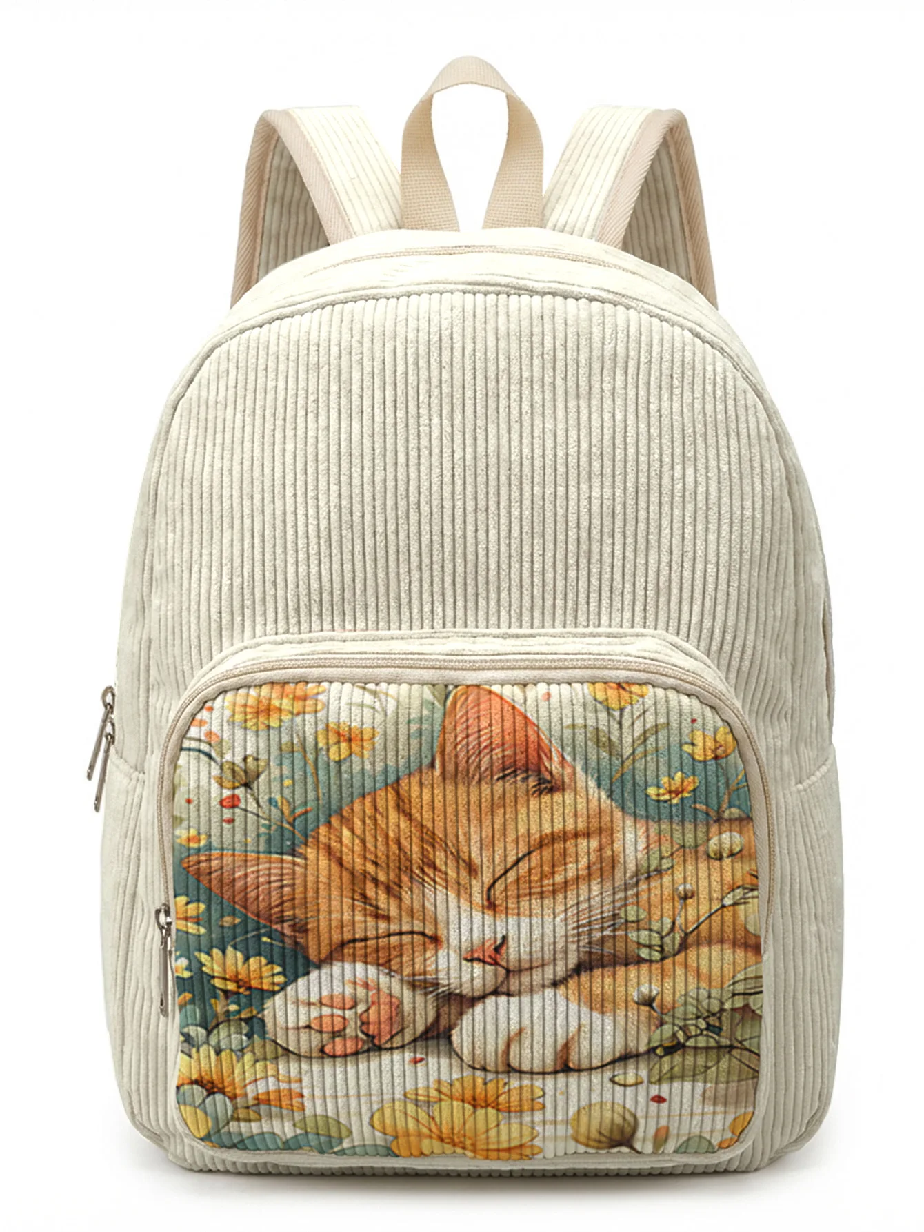 

Женский модный рюкзак с оранжевым котом и цветочным принтом, вельветовый, с множеством карманов, большой вместимости, для поездок на работу