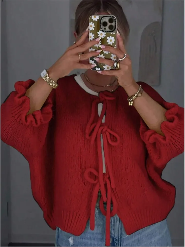 Luie stijl gebreide holle vest top met veters, nieuw product ronde hals negen kwart mouw trekkoord gebreide trui jas