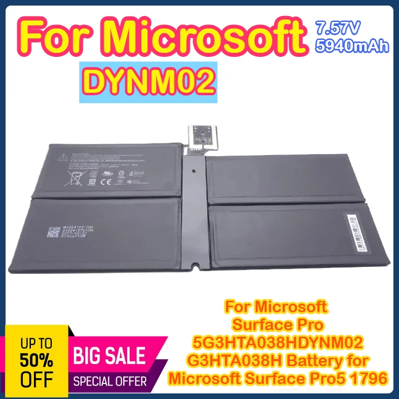

DYNM02 G3HTA038H Аккумулятор для ноутбука Microsoft Surface Pro 5 1796 Series Tablet 7,57 В 45 Втч/5940 мАч