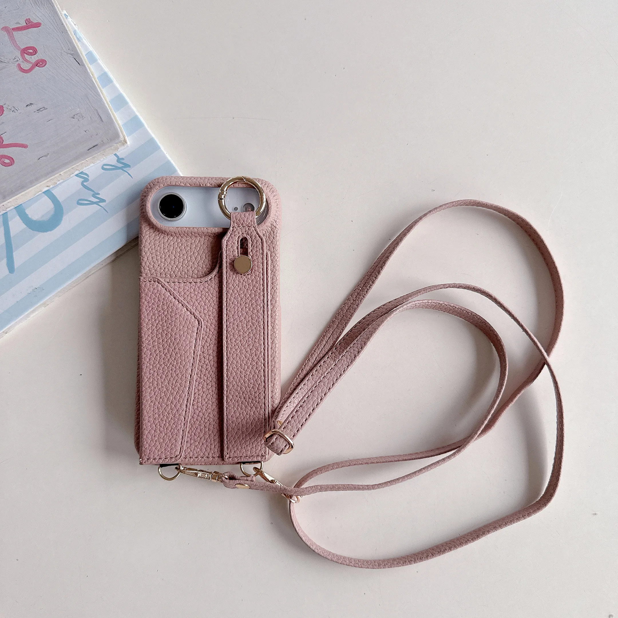 Correa para la muñeca, soporte para anillo cruzado, tarjetas Solt, Funda de cuero tipo billetera magnética para iPhone 17 Pro Max 16 Plus 15 14, funda con cordón largo