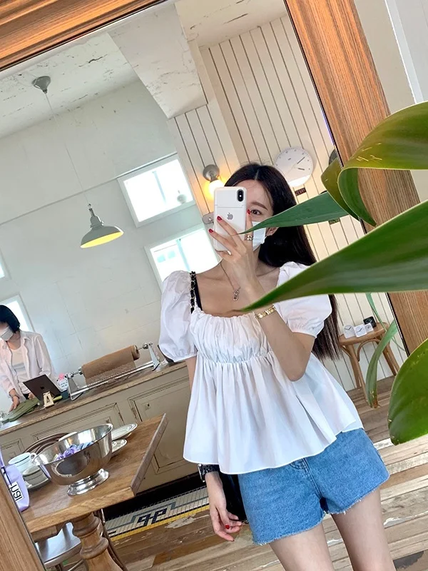 Csa e de manga de burbuja para mujer, cuello cuad, p recogido, adeazante, exposición trasera, borde de en...