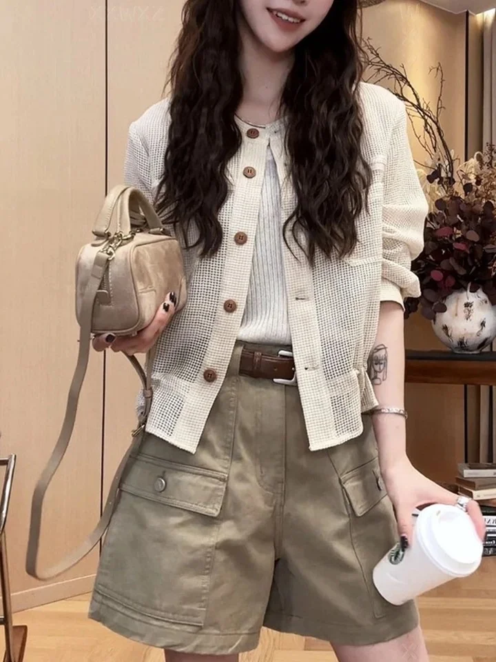 Slimming Lightweight Jacket round Neck Single Button Drawstring Mesh Shirt Outerwear Women New Arrival Fashionable Korean Style