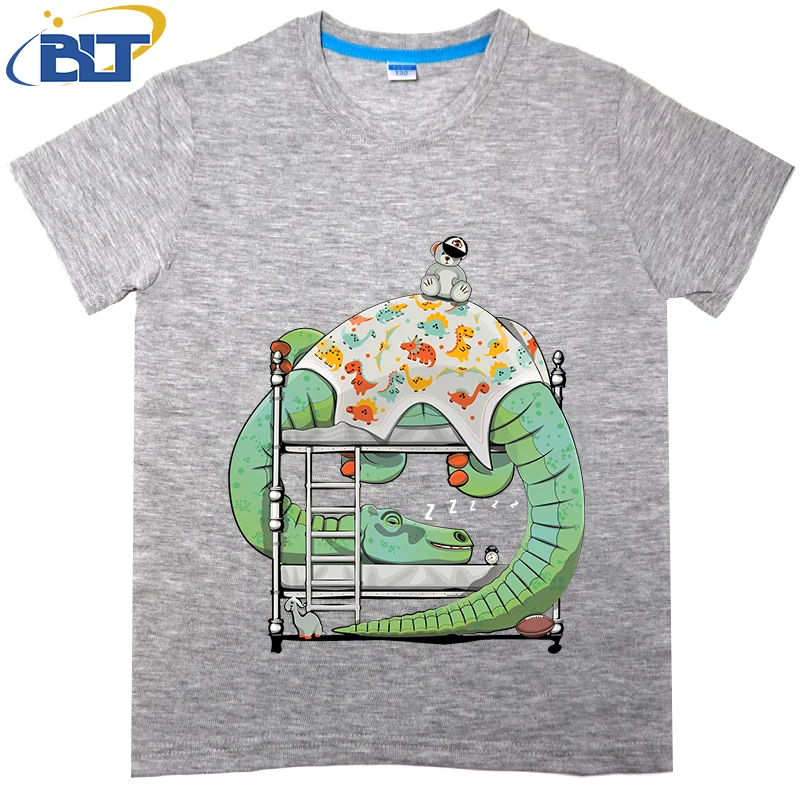 Cute Dinosaur Brachiosaurus Asleep in Bed Bedtime Bedroom Printed kids T-shirt Summer children's cotton shortsleeved casual tops