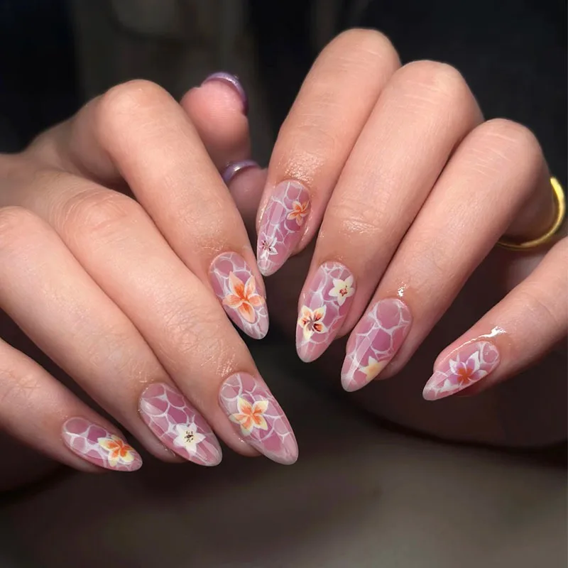 

24 Pcs Summer Flowers Press on Nails Acrylic Medium Short Almonds False Nails Press on With Sticky Tabs Beautiful Nail Tips 2025