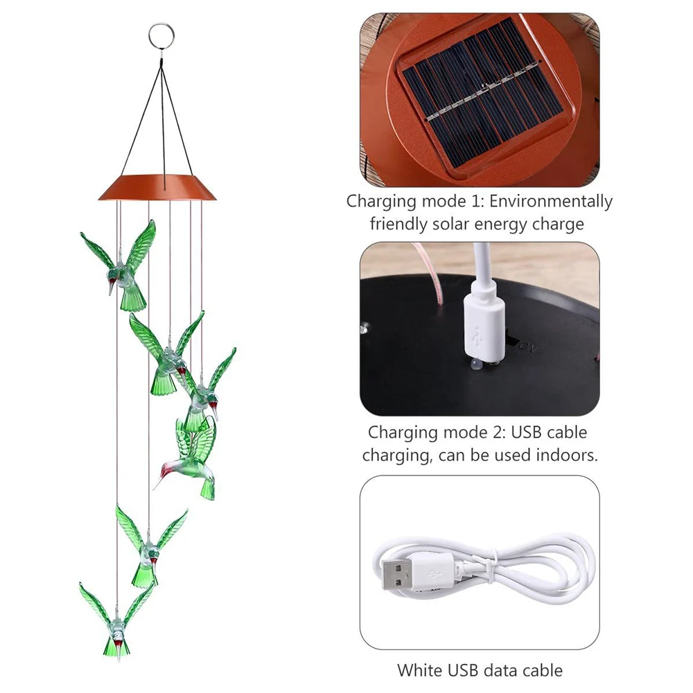 Solar Hummingbird Wind Chime 7-Color Changing Mobile LED Solar Wind Chime Outdoor Mobile Hanging Patio Light Porch Garden Decor