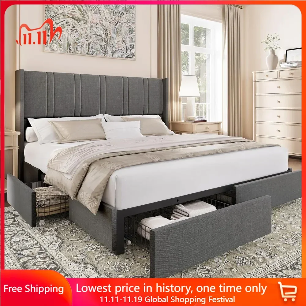 

King Bed Frame with 4 Storage Drawers Linen Platform Bed with Wingback Headboard, No Box Spring Needed, Platform Bed Frame