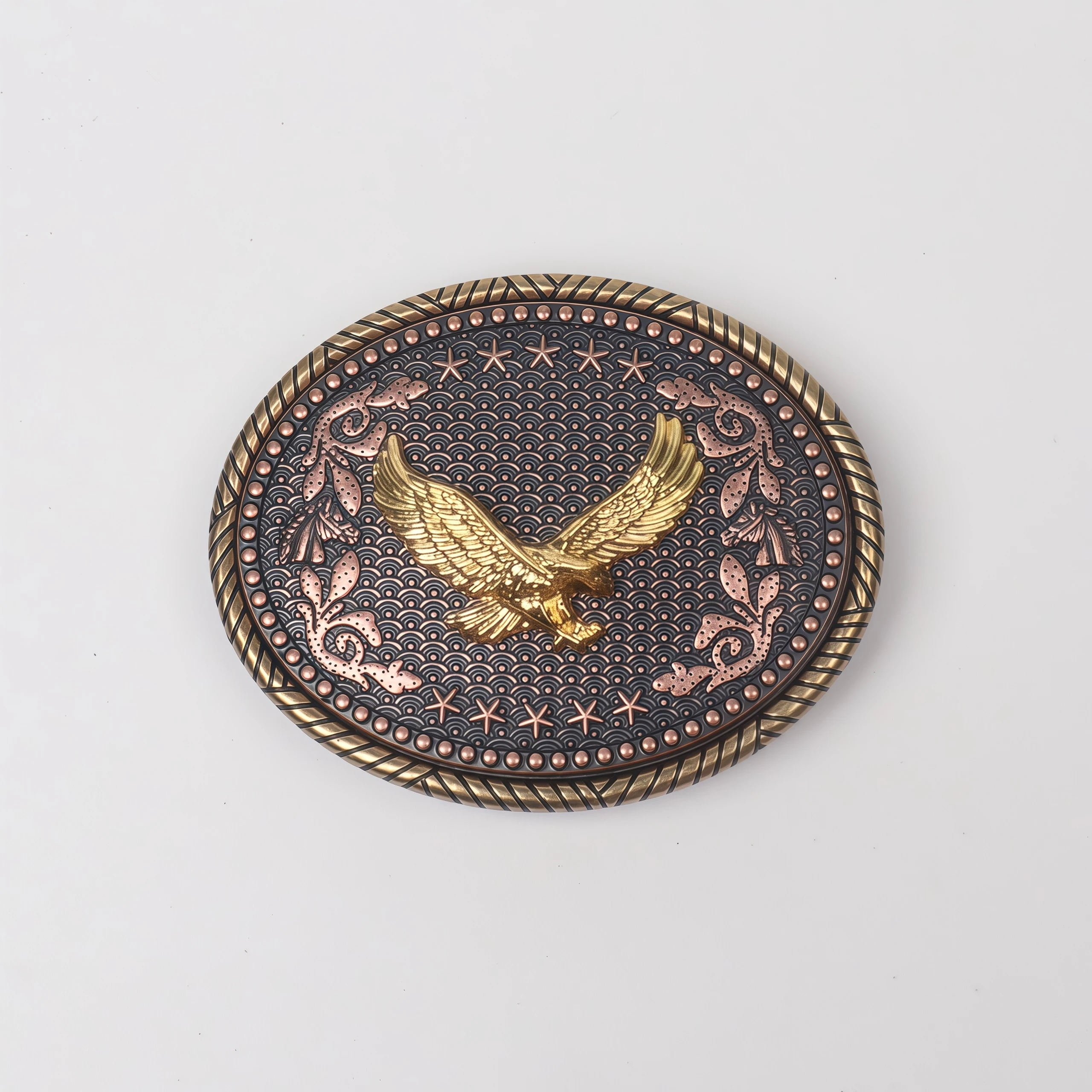 A western-style metal embossed belt buckle, a vintage belt buckle.