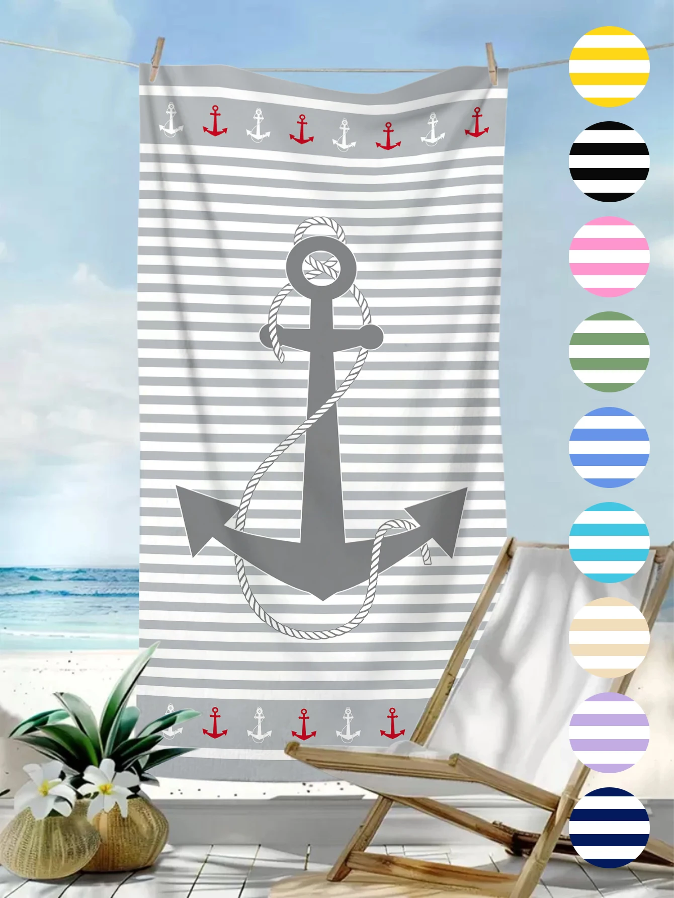 

1 шт. минималистичное полосатое пляжное полотенце с принтом якоря, быстросохнущее, впитывающее, большое пляжное полотенце из ультратонкого волокна.
